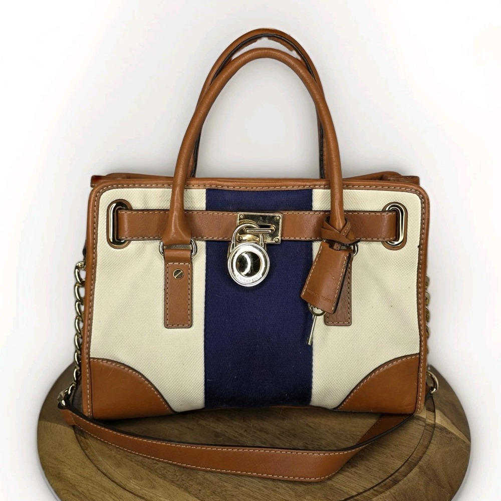 MICHAEL KORS Hamilton East West Satchel Navy Cream Canvas Preppy Coastal Classic